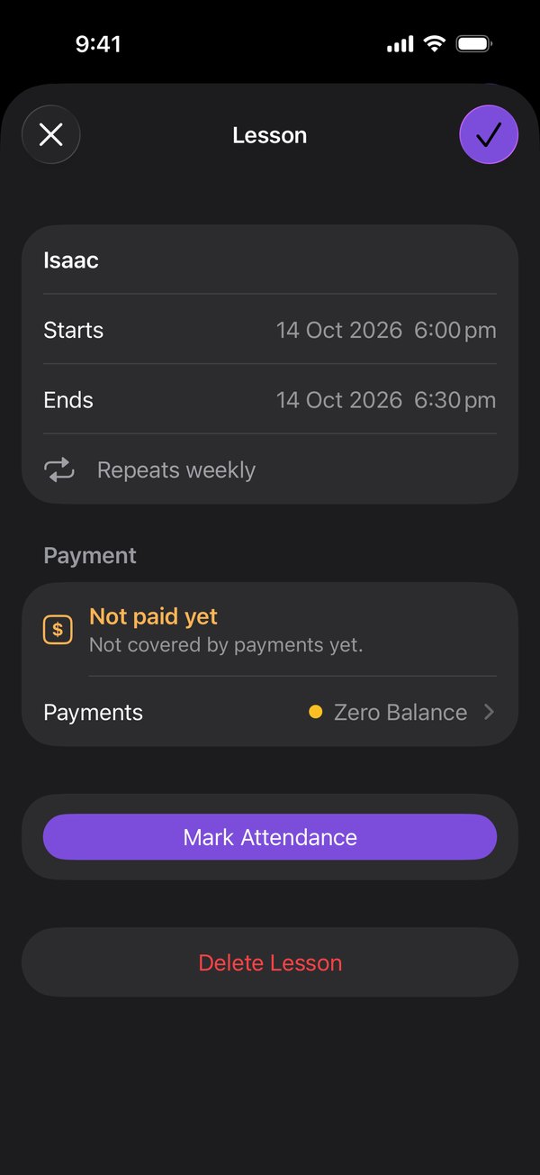 A lesson: when it starts and ends, that it repeats weekly, attendance and payment