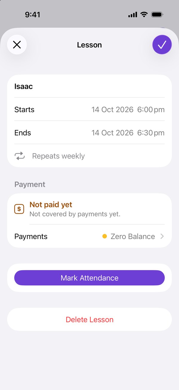 A lesson: when it starts and ends, that it repeats weekly, attendance and payment