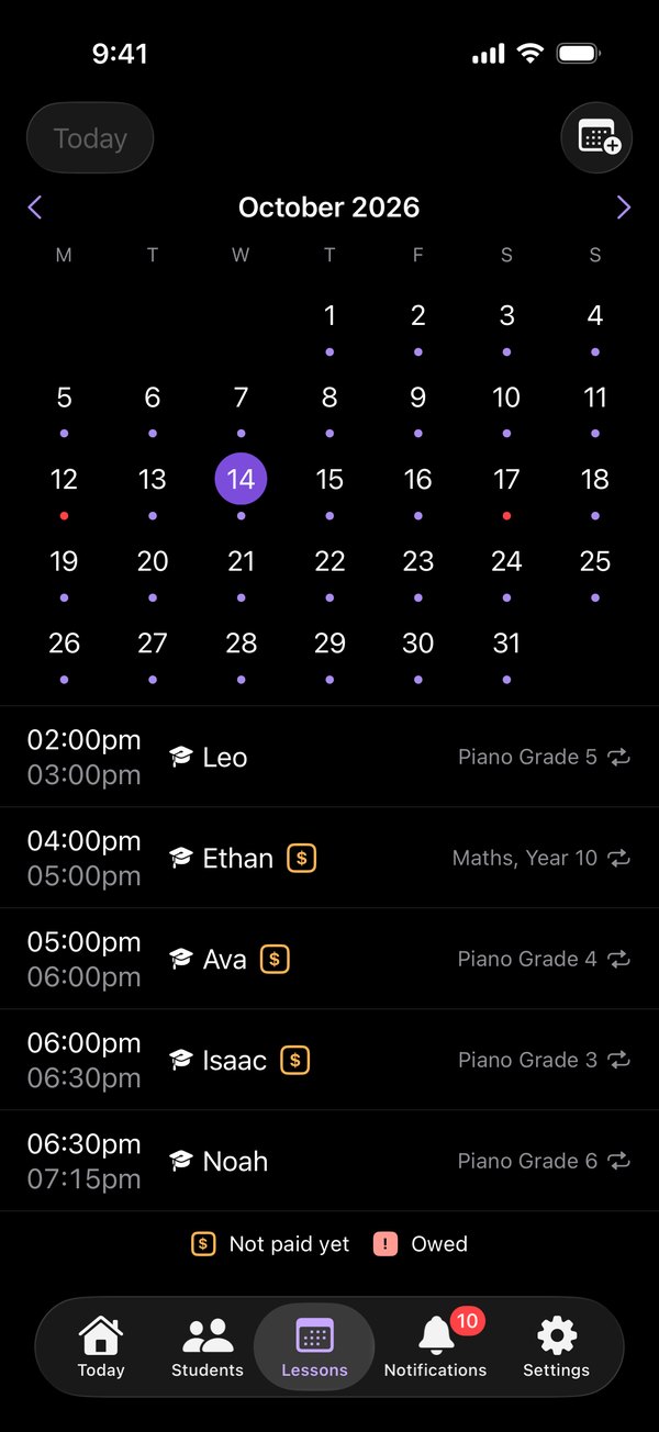 The Lessons tab upright: the month, with a dot under each teaching day