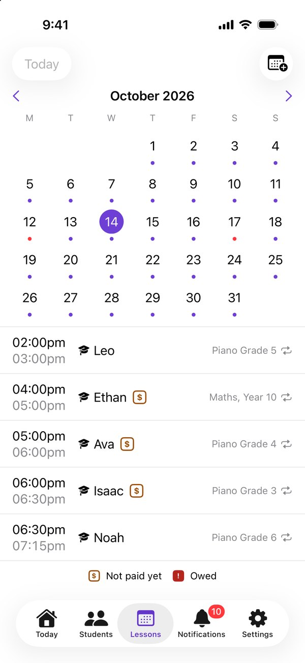 The Lessons tab upright: the month, with a dot under each teaching day