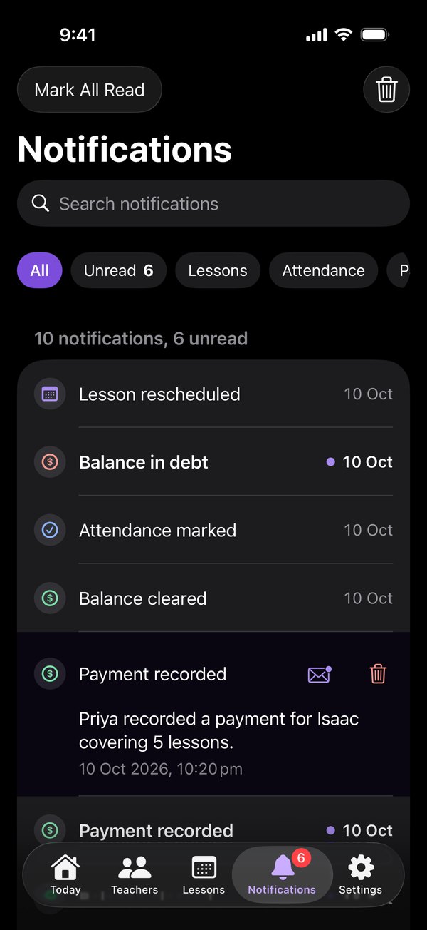 Notifications for Isaac, as a push arrives at the top: a payment recorded for Isaac covering 8 lessons