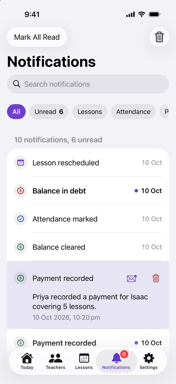 Notifications for Isaac, as a push arrives at the top: a payment recorded for Isaac covering 8 lessons