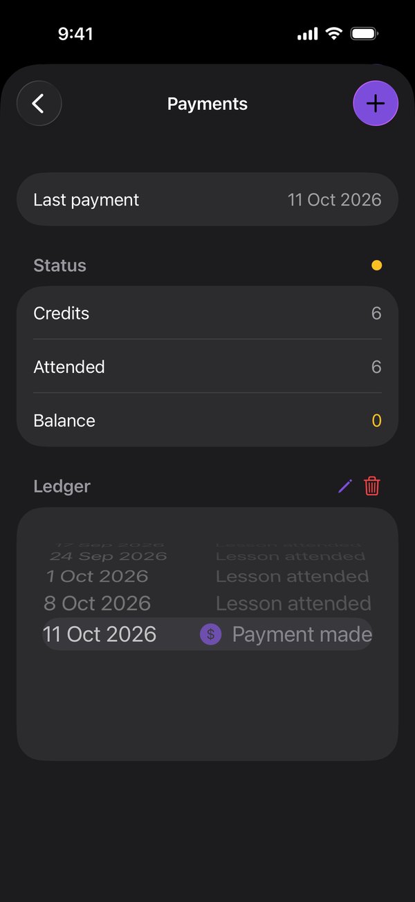 Payments: credits, lessons attended, the balance, and a ledger of each entry