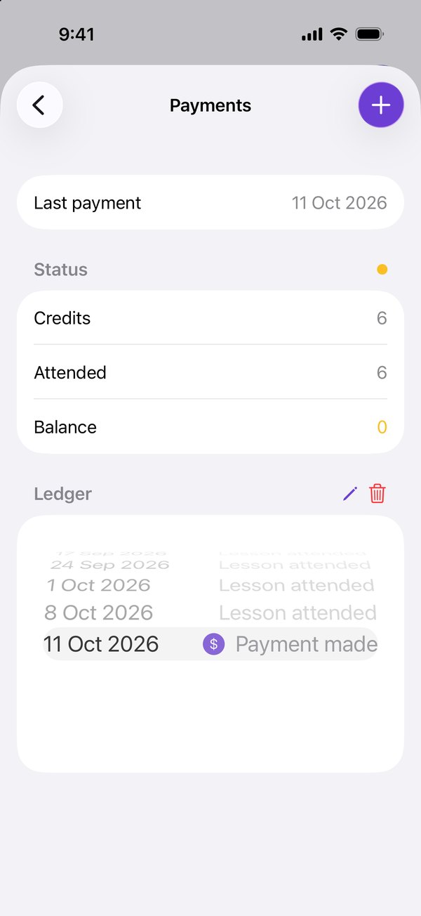 Payments: credits, lessons attended, the balance, and a ledger of each entry