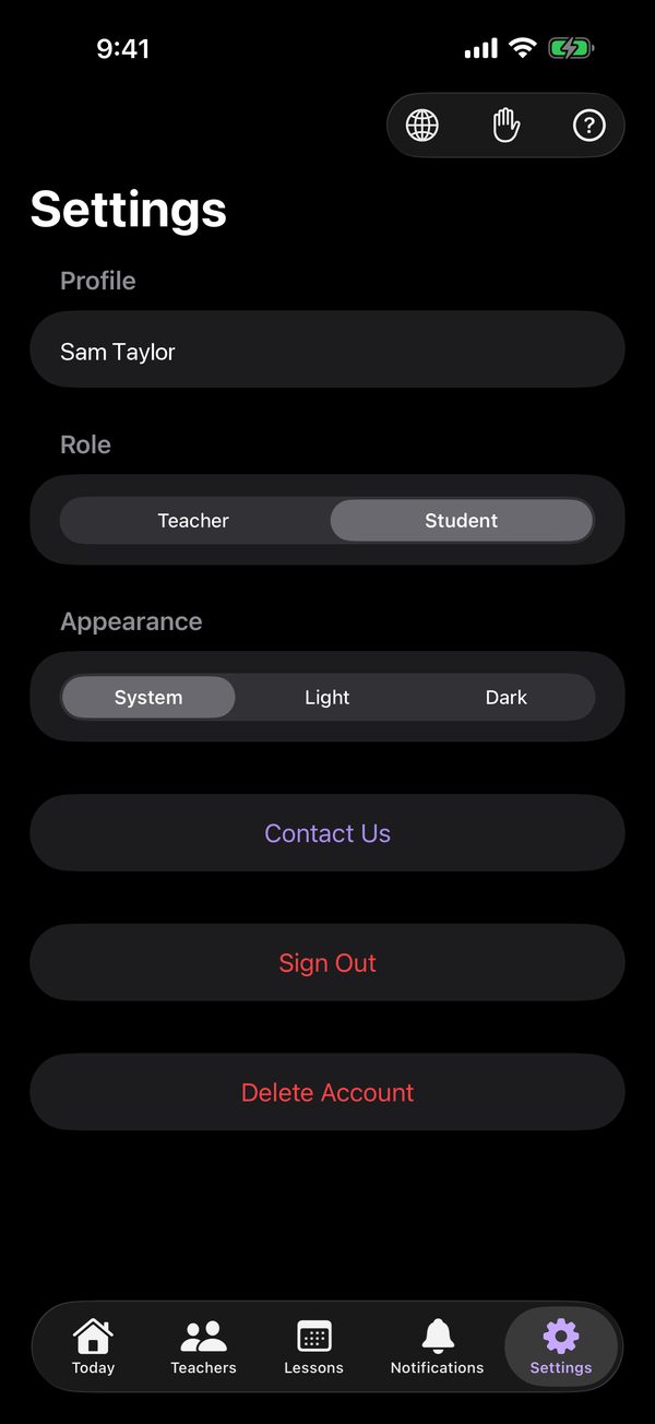 Settings: Profile, the Role switch set to Student, Appearance, Contact Us, Sign Out and Delete Account