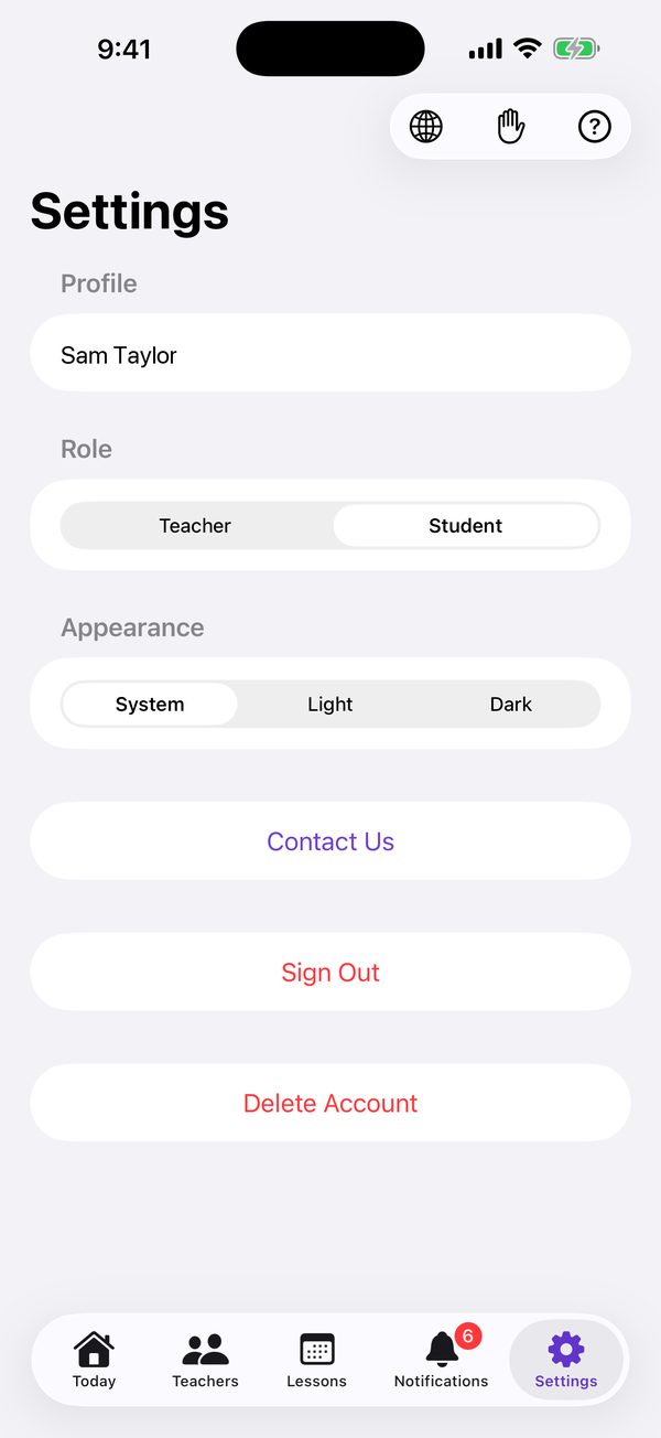 Settings: Profile, the Role switch set to Student, Appearance, Contact Us, Sign Out and Delete Account