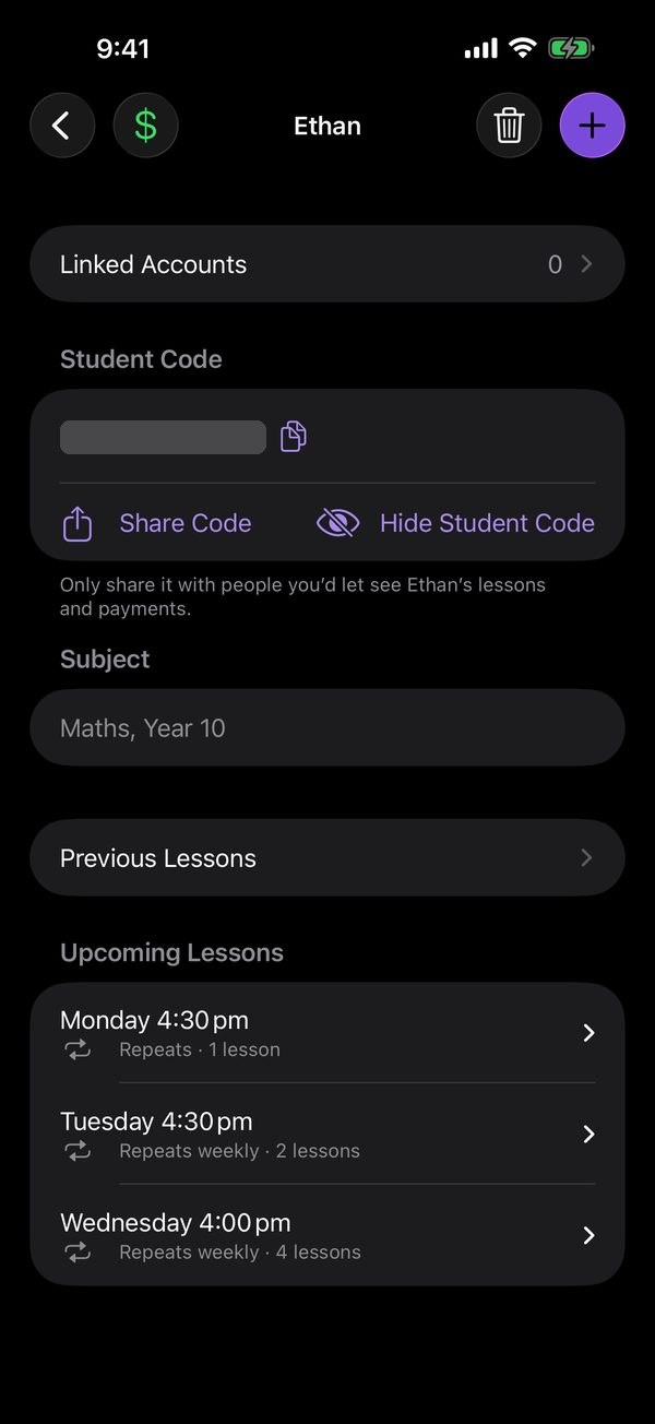Ethan’s page: Linked Accounts, the student code (hidden here) with Share Code, the subject and upcoming lessons