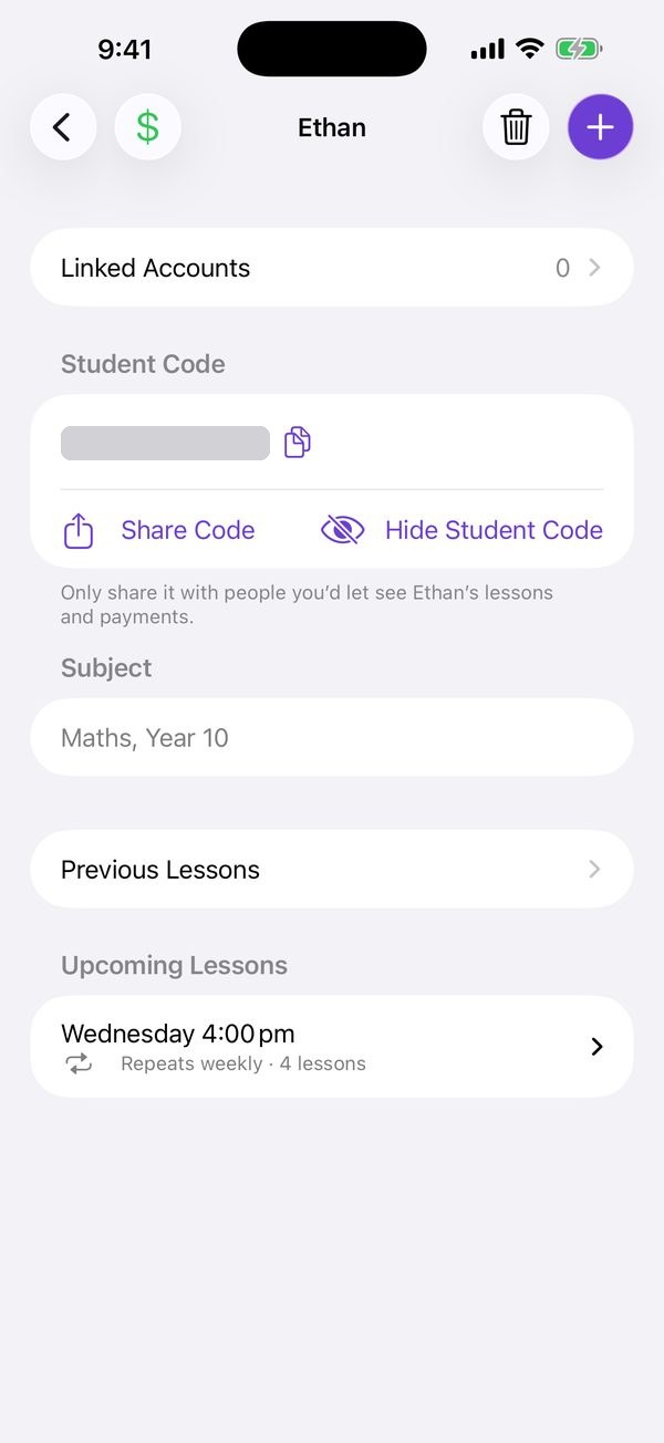 Ethan’s page: Linked Accounts, the student code (hidden here) with Share Code, the subject and upcoming lessons