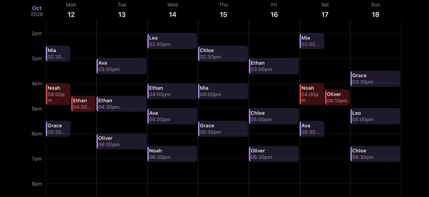 Turned sideways: the week diary, each lesson in its time slot, clashes in red