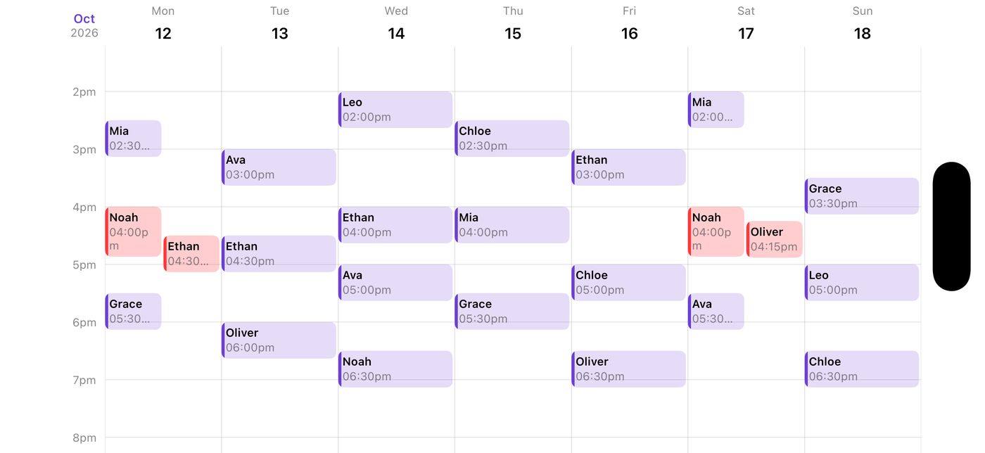 Turned sideways: the week diary, each lesson in its time slot, clashes in red