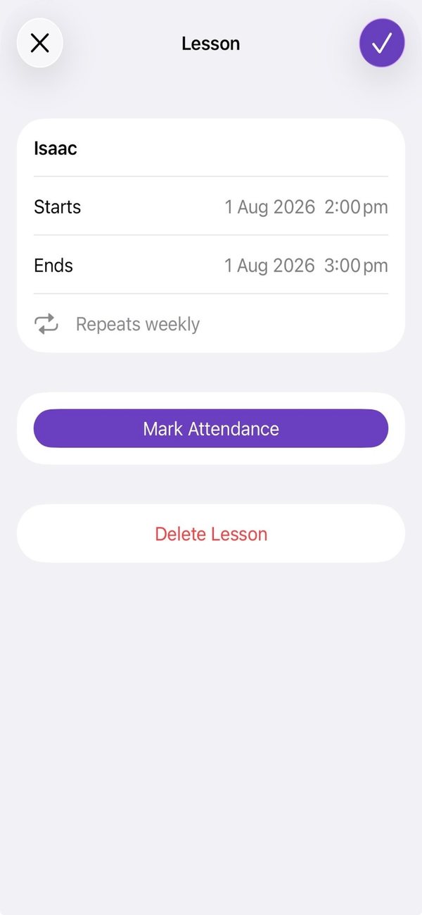 A lesson for Isaac, Saturday 2 to 3 pm, repeating weekly, with a Mark Attendance button