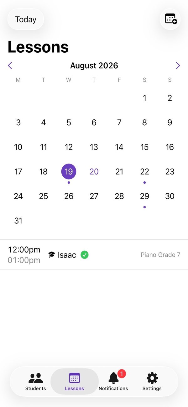 The Lessons tab: August 2026 as a month grid, with dots under the teaching days
