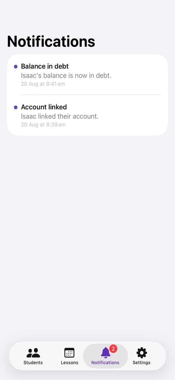 Notifications: Balance in debt, Isaac’s balance is now in debt; Account linked, Isaac linked their account
