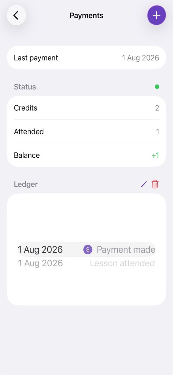 Payments: two credits, one lesson attended, balance plus one