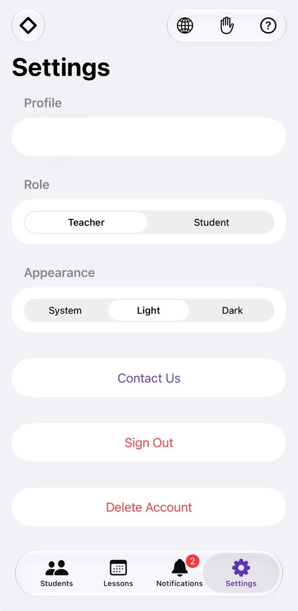 Settings, with the Role switch set to Teacher and Student beside it, the Appearance switch, and the website, privacy and help buttons at the top
