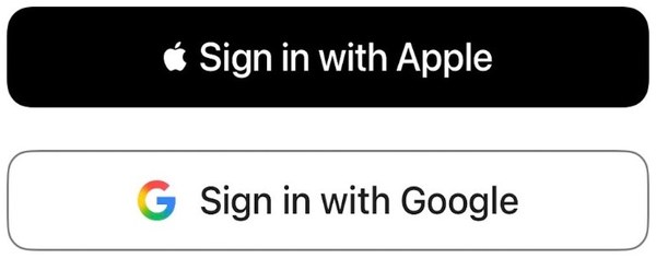 Sign in with Apple and Sign in with Google buttons, as they appear in the app