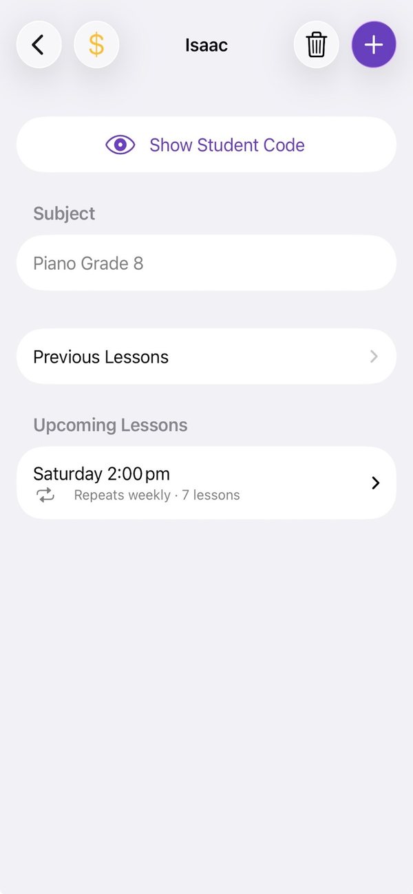Isaac’s student page: subject Piano Grade 8, and an upcoming Saturday 2 pm lesson that repeats weekly, 7 lessons