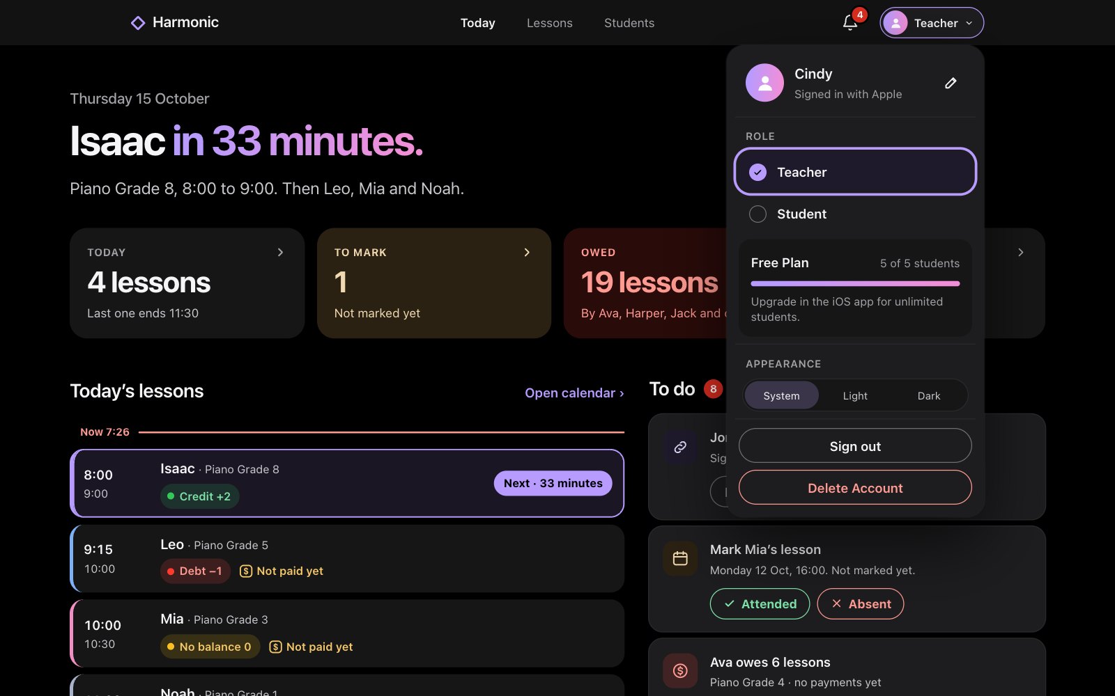 The account menu open over Today: the name, Role with Teacher chosen, the plan, Sign out and Delete Account
