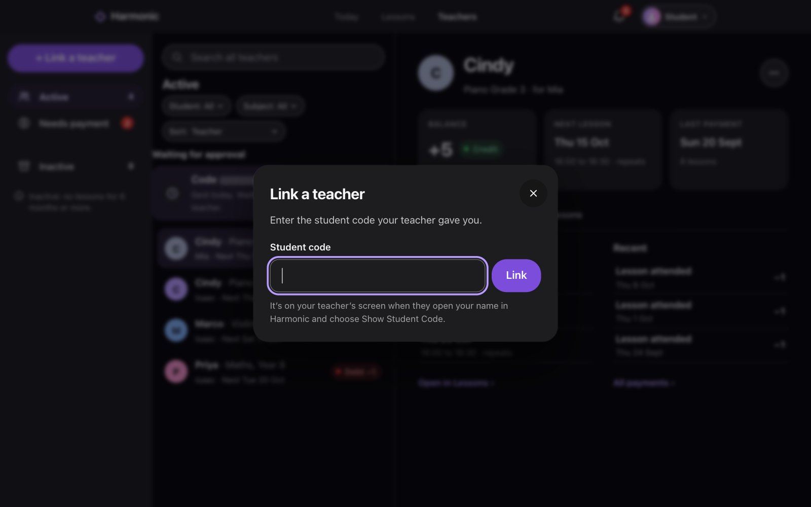 Link a teacher, asking for the student code