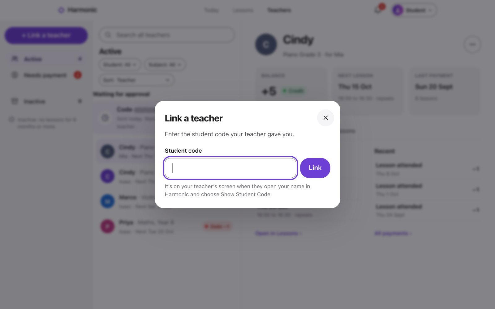 Link a teacher, asking for the student code