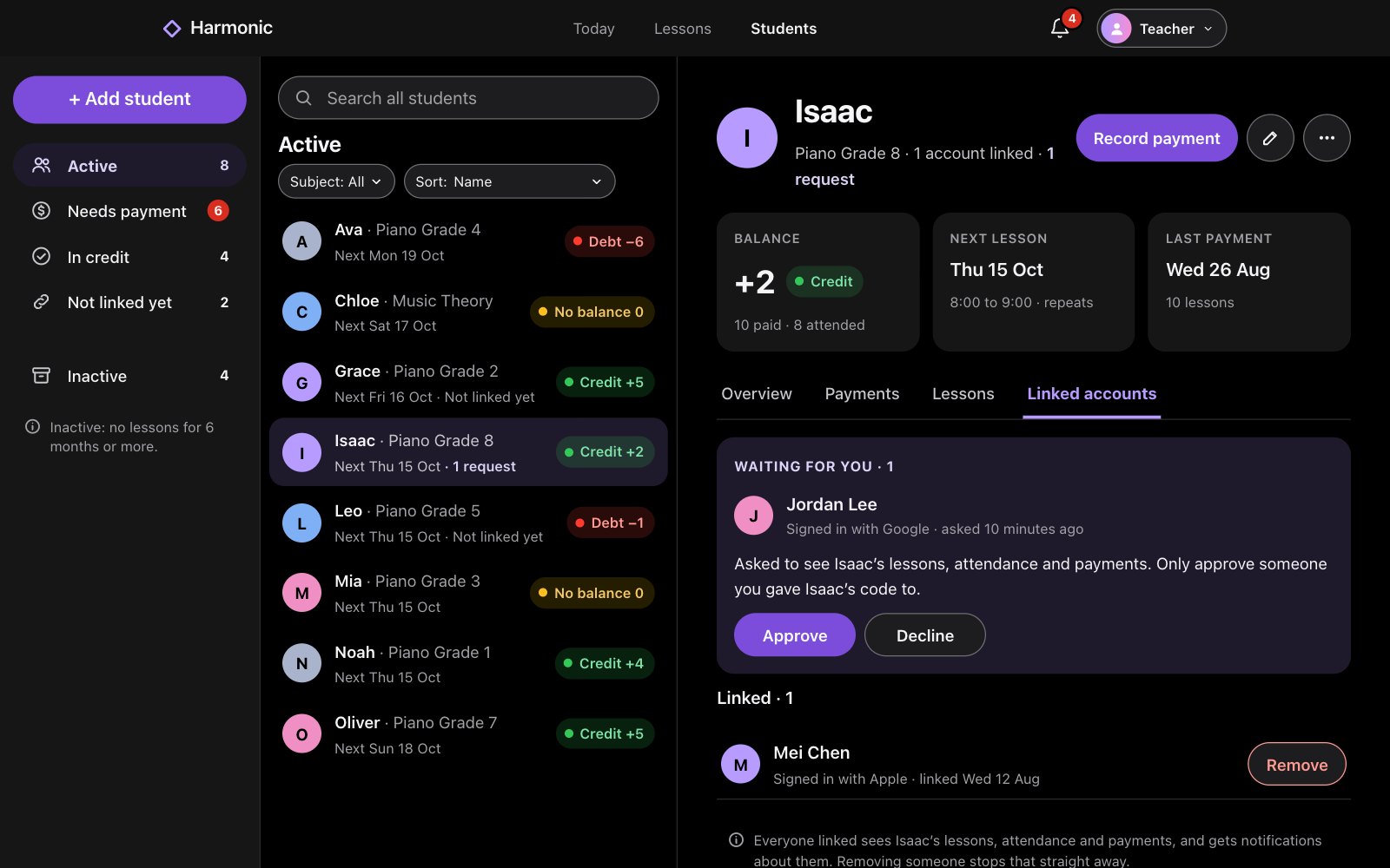 Linked accounts on the web, with one request waiting for approval