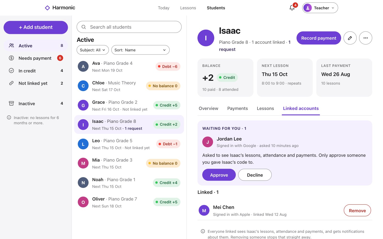 Linked accounts on the web, with one request waiting for approval
