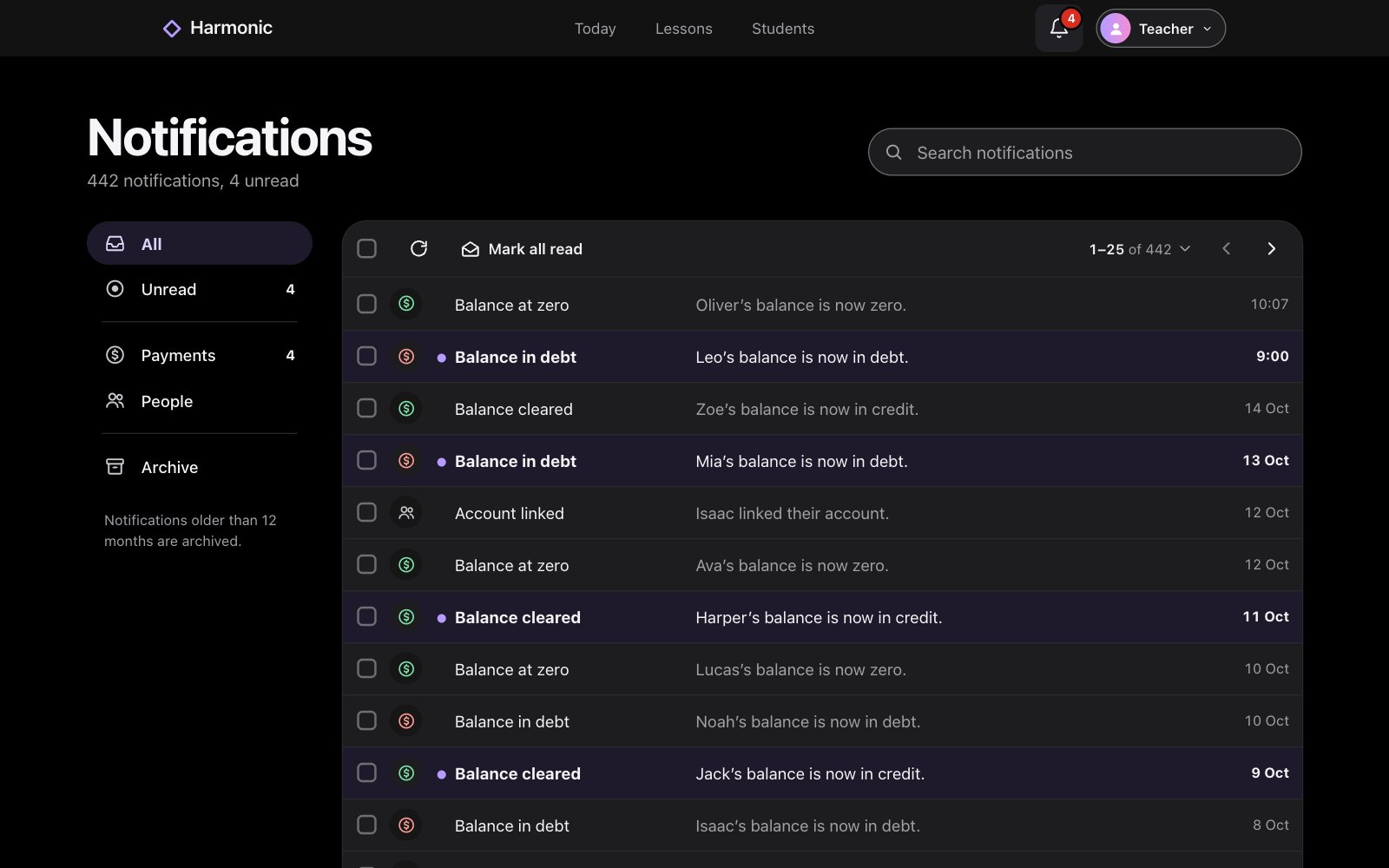Notifications in the web app: the list, the categories on the left, and Mark all read