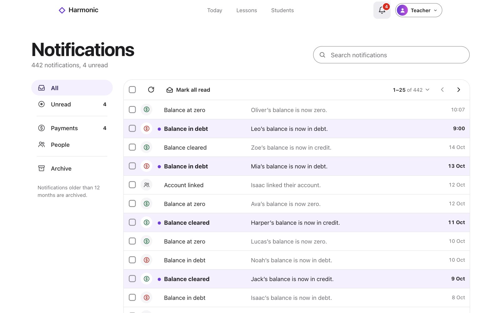 Notifications in the web app: the list, the categories on the left, and Mark all read