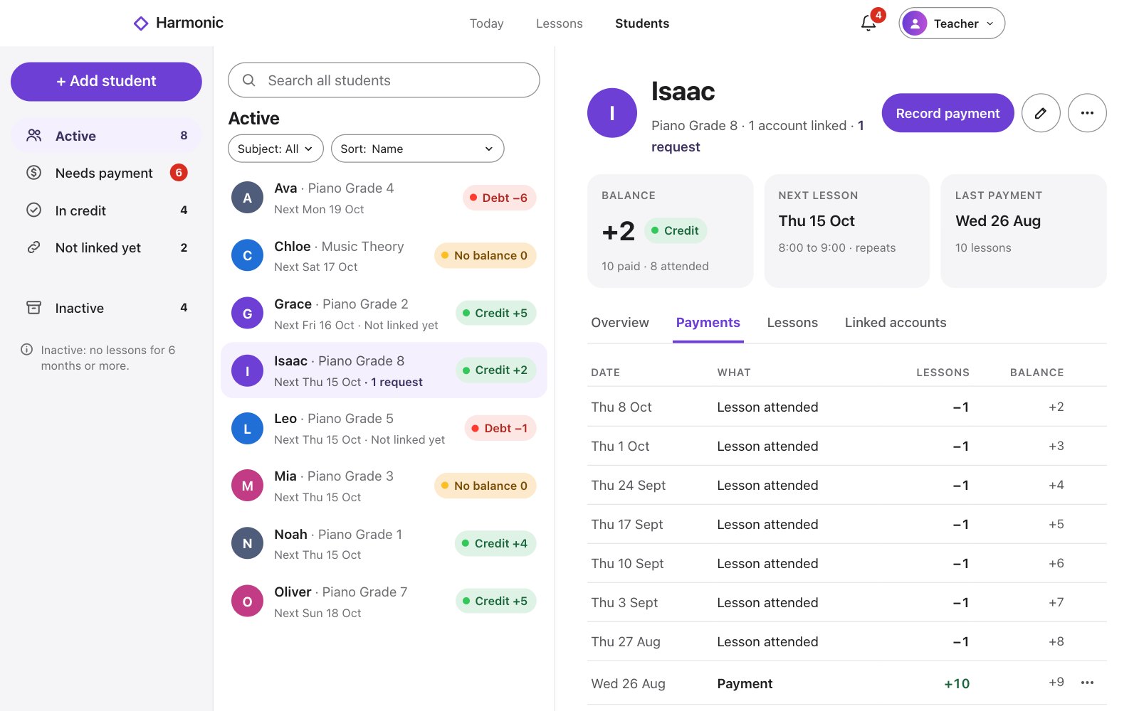 Ava’s Payments: each lesson attended and payment, with the balance after each
