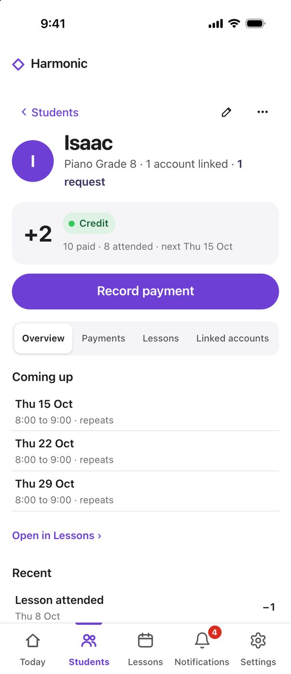 Harmonic on the web on a phone: Isaac’s page, his balance and lessons coming up