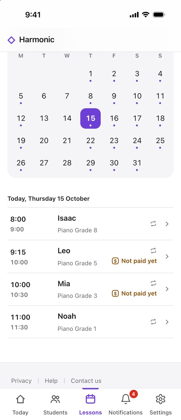 Harmonic on the web on a phone: Lessons, the month and today’s list