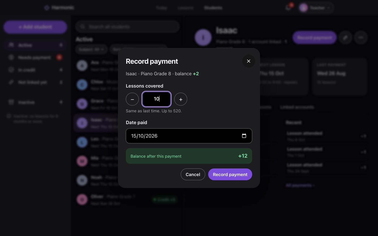 Record payment for Ava: lessons covered, date paid, and the balance after this payment