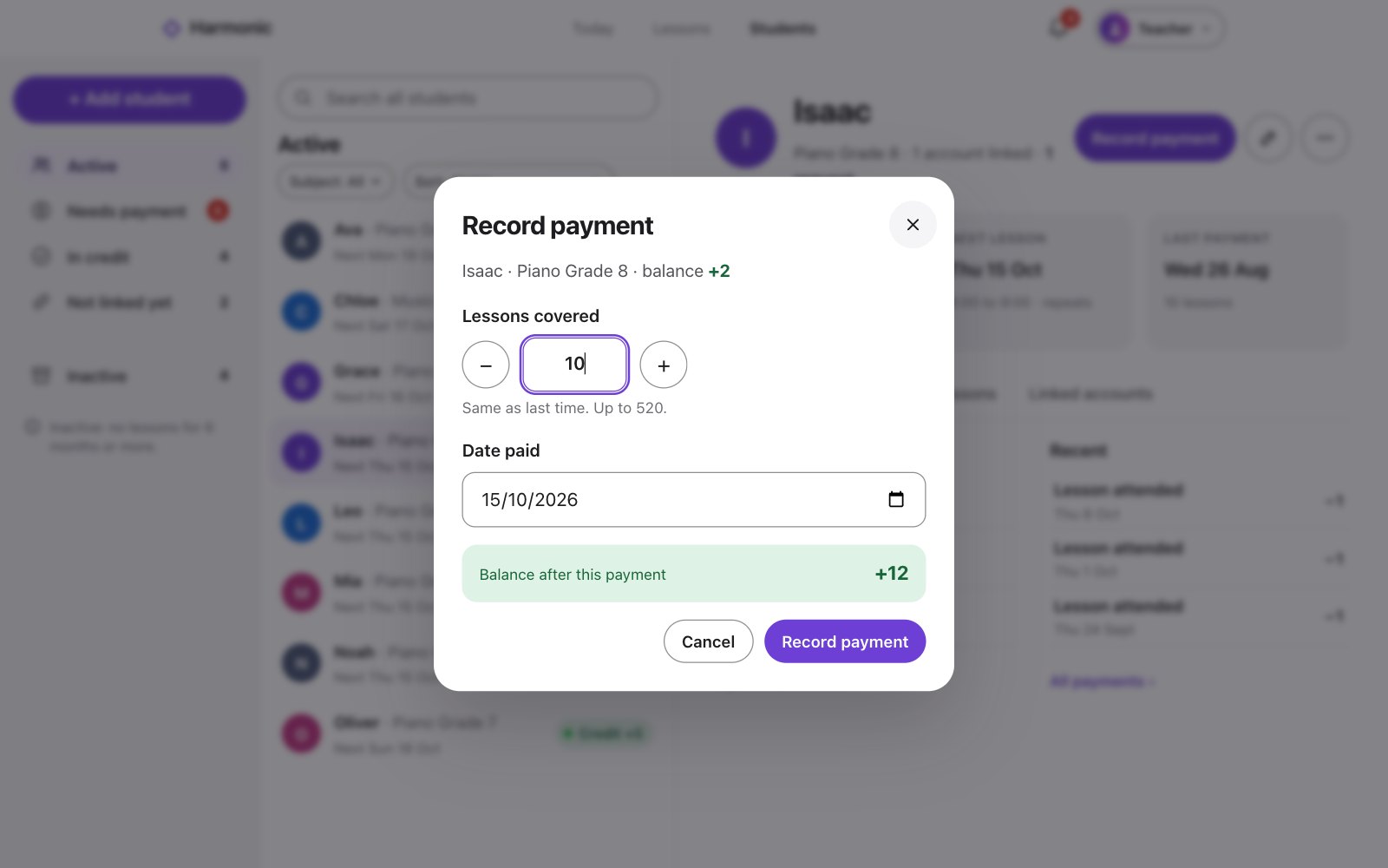 Record payment for Ava: lessons covered, date paid, and the balance after this payment