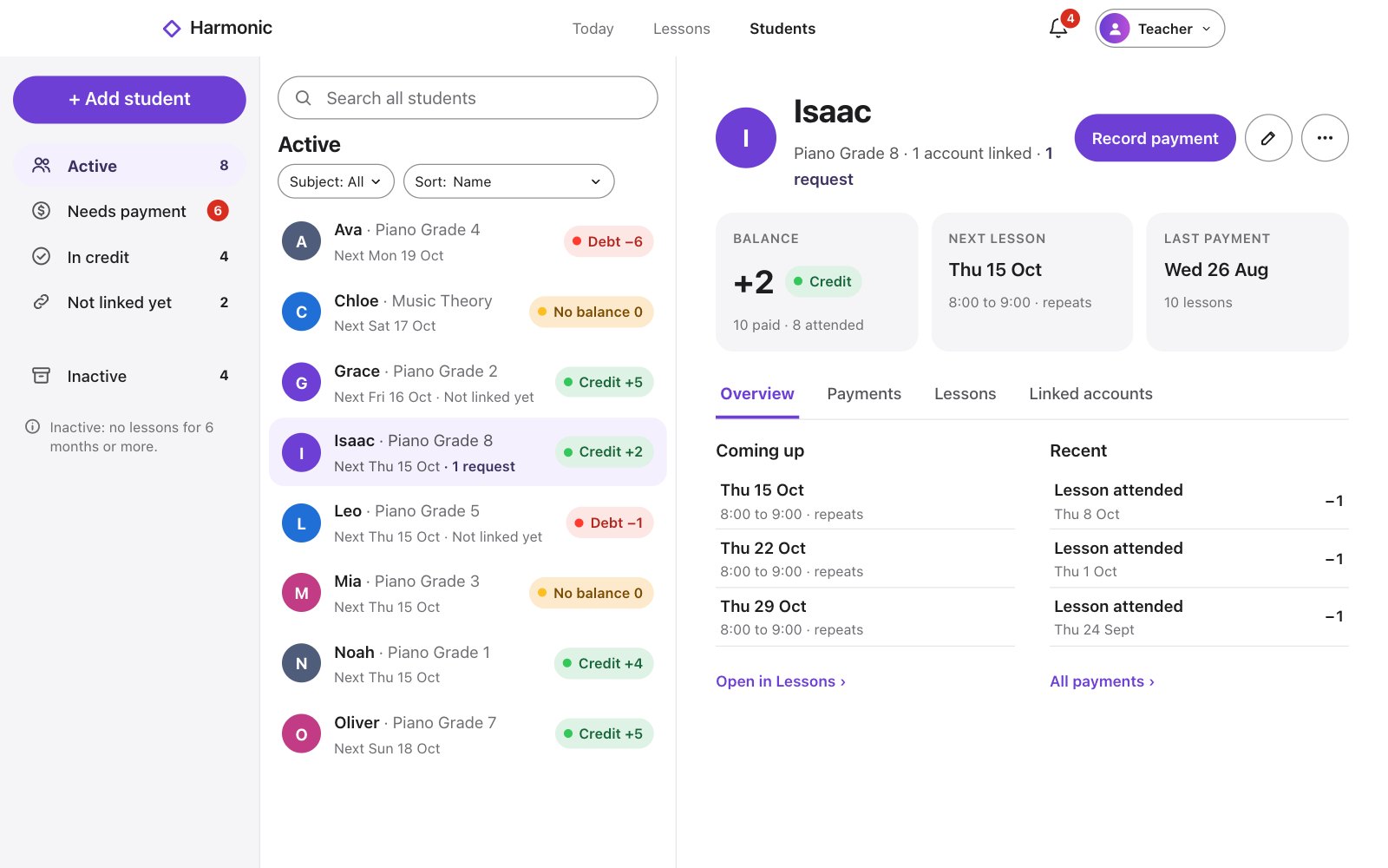 Students on the web: each student with their subject, next lesson and balance
