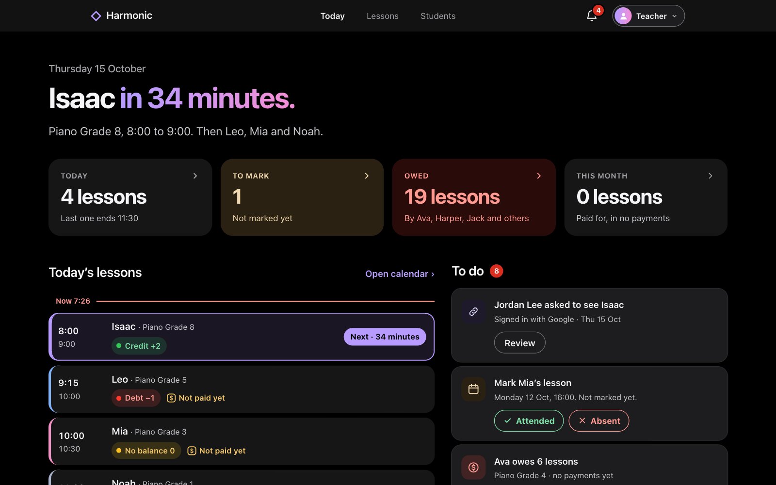Harmonic on the web: Today, with Isaac’s lesson next, today’s lessons and a To do list
