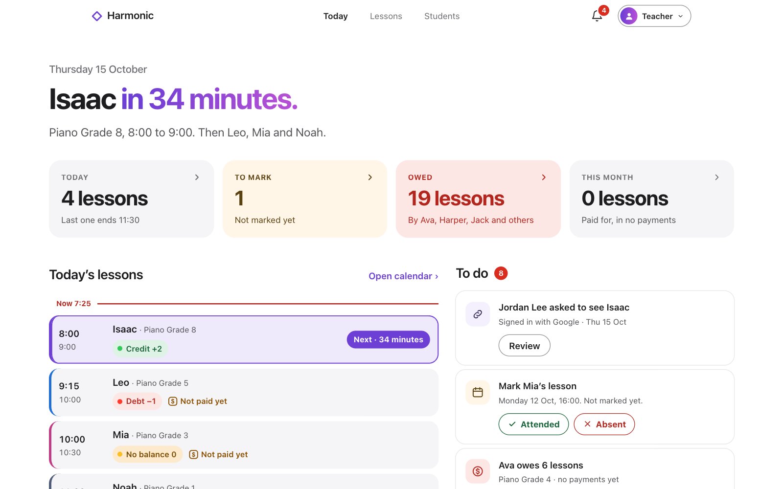 Harmonic on the web: Today, with Isaac’s lesson next, today’s lessons and a To do list