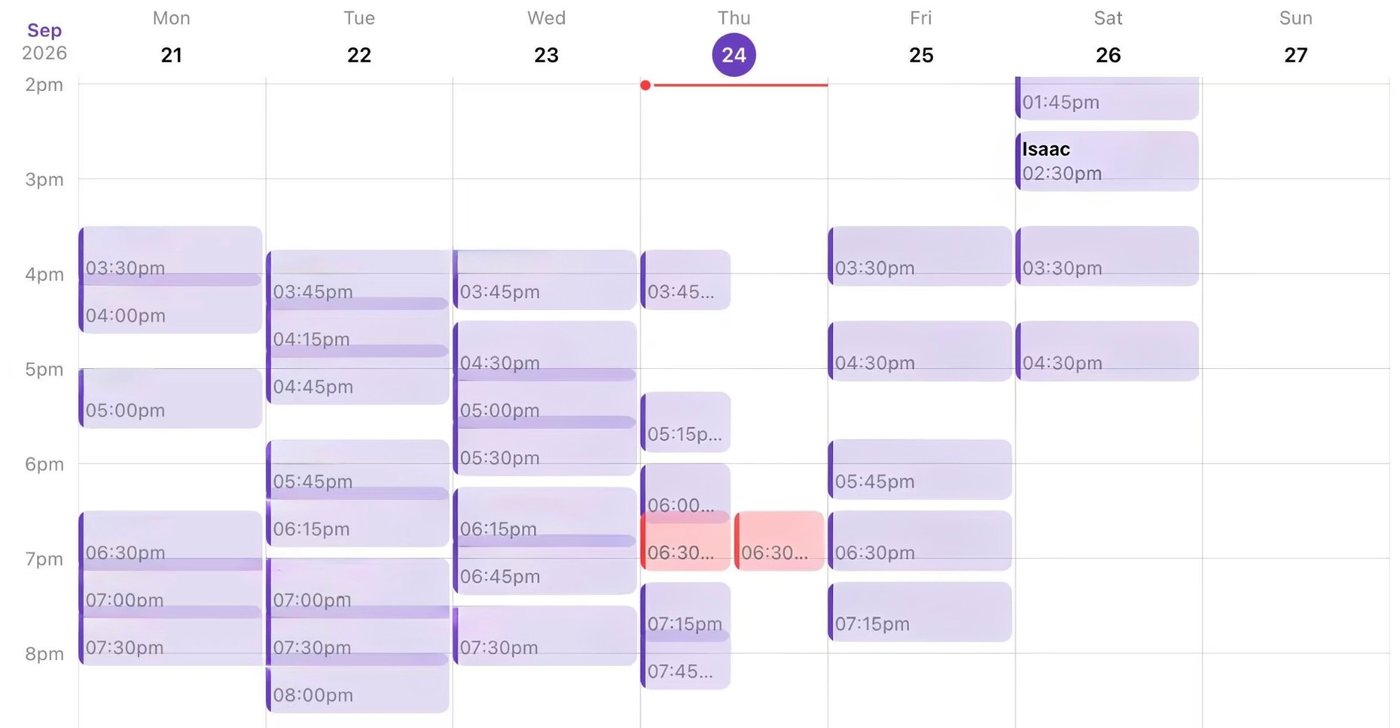 Sideways: the same calendar as a week diary, Monday to Sunday, each lesson in its time slot, with two clashing lessons on Thursday in red